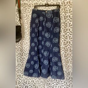 Raw Denim Floral Roset print, Dark Denim Maxi Mermaid Skirt size Sm/Med